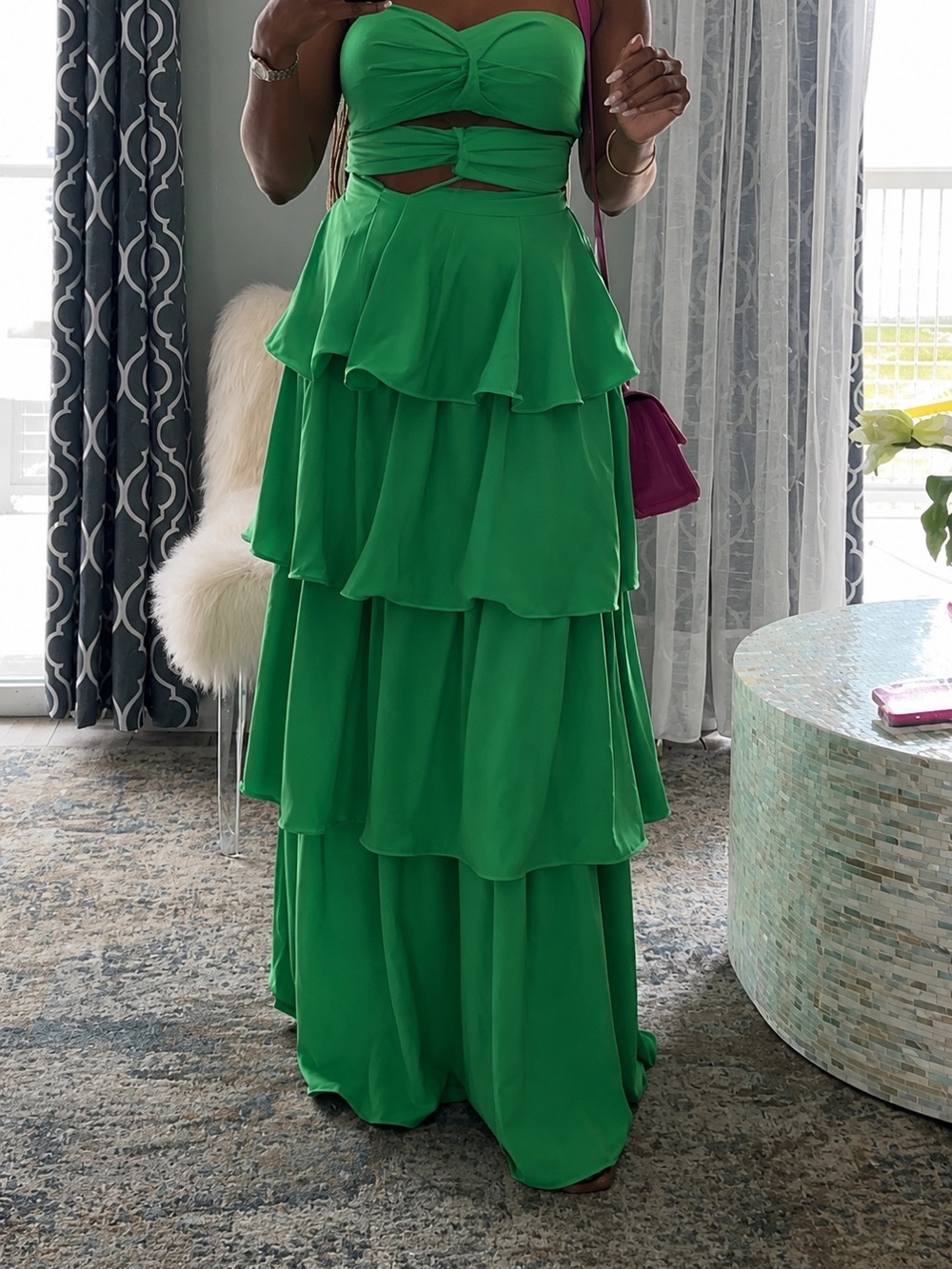 Green Strapless Tiered Ruffle Maxi Dress Size M - Picture 2 of 3